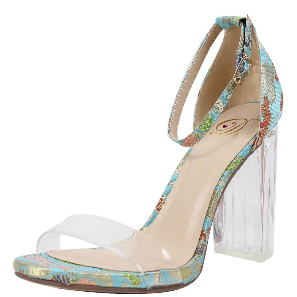 Blue Open Toe Clear Strap Embroidery Clear Heel
